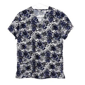 Floral Print Womens Scrub Top By Liberty  M 100% Cotton V-Neck Short Sleeve